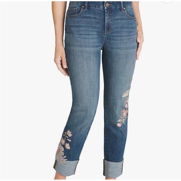 Chico's Denim - Chicos So Slimming Tranquil Floral-Embroidered Girlfriend Ankle Jeans, Size 8R